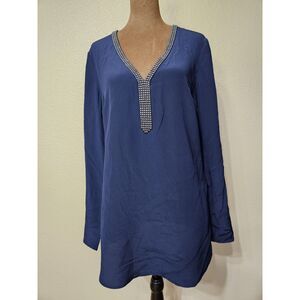 White House Black Market Womens Navy Blue V-Neck Tunic Top Metallic Trim Size 10